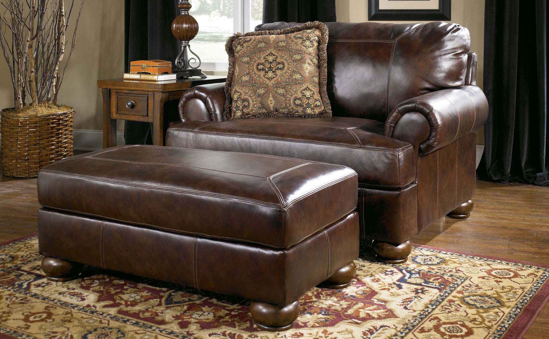 dark brown leather faux one and a half chair with ottoman