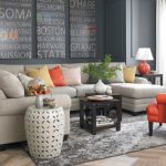 grayish brown small sectional sofa with colorful pillows