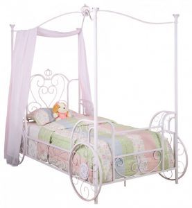 pink white carriage framed bed with curtain