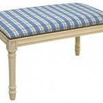 Traditional Blue White Plaid Upholstered Bench With White Classic Legs