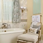 Traditional Bathroom Design With Double Layers Cafe Curtains With Hard Metal Rods Free Standing Bath Tub Chair With Comfy Seater White Ceramic Floors And Walls