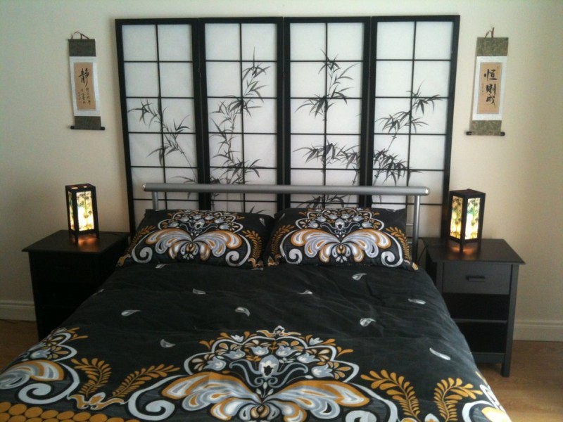 asian inspired bedding black bedside tables kanji pillows screen lamps drawer shelf beautiful bedroom