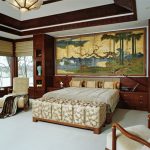 asian inspired bedding chairs bed pillows chaise longue big window round top table painting drawers bedroom