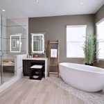bathroom color trends shower dressing table double glass door tub wooden floor window vanities chair ceiling lights contemporary design