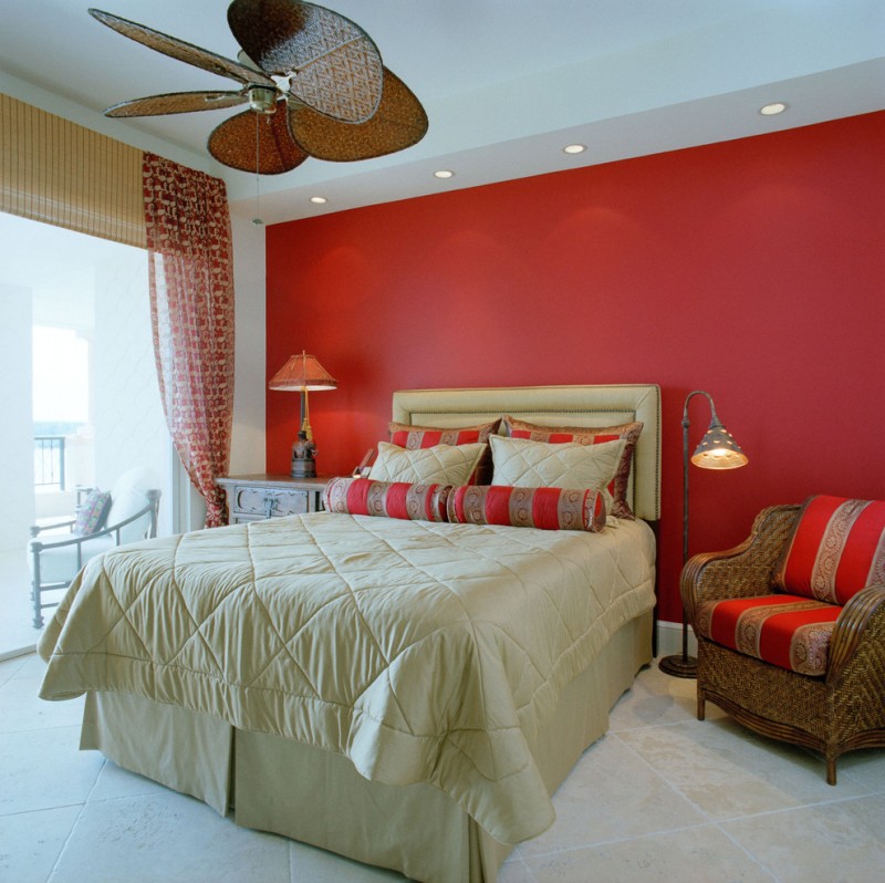 colors to paint your bedroom red white walls bed pillows chairs curtain lamps bedside table tropical room ceiling fan lights
