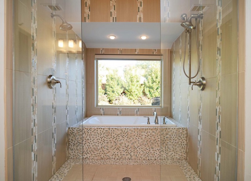 jacuzzi tub shower combo cool walls window faucet glass ceiling lights modern bathroom