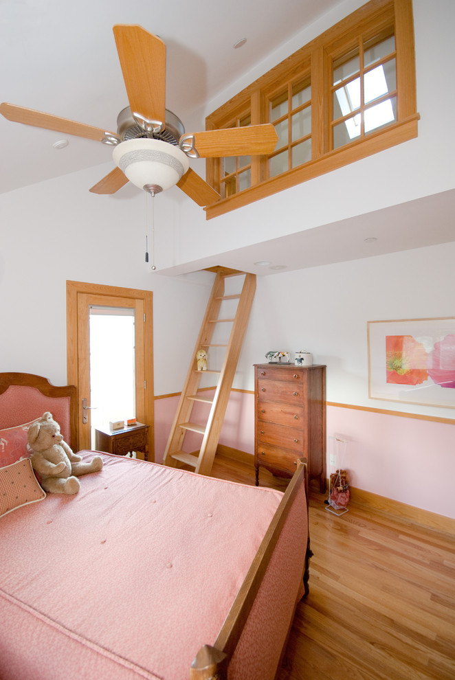 loft ladder ideas hardwood floors wood cabinets bed sheet bedding stuffed animal ceiling fan high windows traditional design