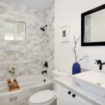 Small Bathtubs With Shower Faucets Wash Basin Toilet Mirror Small Window Transitional Bathroom