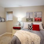 Paris Inspired Bedroom Big Bed Blanket Bedside Table Lamp Flowers Pillows Small Window Transitional Bedroom