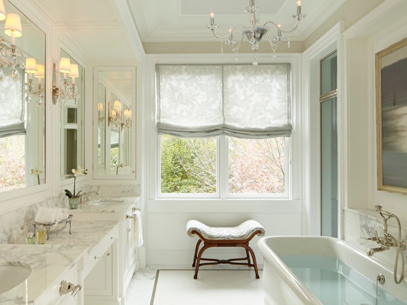 roman shades outside mount chandelier bath tub with shower large mirror marble vanity top covered small bench