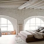 Exposed Beams Swing Chair Contemporary Beeding Brick Wall Arched Window Bedroom Lamp