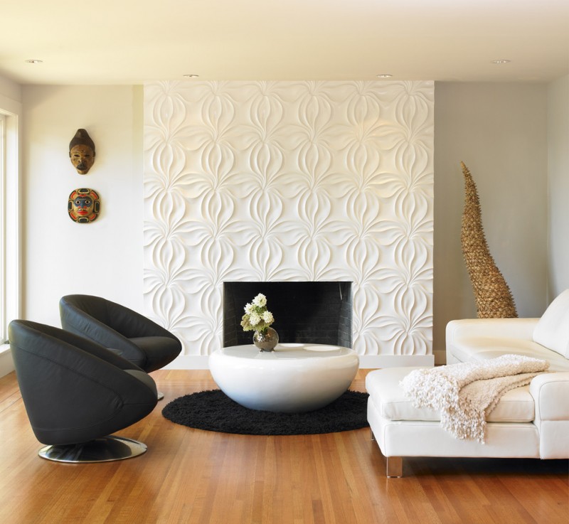geometric wall art artwork ceiling lighting fireplace surround modular arts threedimensional relief beige couch black chairs wood floor