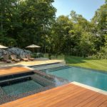 Rectangular Pool Rectangulat Hot Tub Spa Wood Deck Mosaice Tiled Edge Pool Benches Outdoor Space Rocks