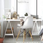 Home Office With Grey Floor, White Wooden Table, White Mid Century Chair