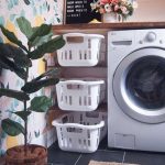 Small Space For Laundry Machines, White Baskets On Shelves