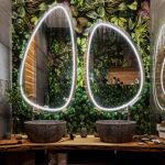 Bathroom Vanity Wooden Floating Shelves Vanity, Stone Sink, Plants On The Wall, Mirrors With LED Frame