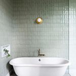 Bathroom With Marble Floor Tiles, Sage Greeen Wall Tiles, White Tub