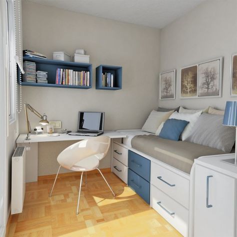 bedroom with wooden look floor, white and blue platform bed with drawers, side table with storage, white table with chair, bookshelves
