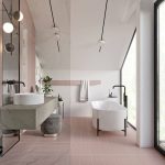 Bathroom, Pink Floor Tiles, White Wall, White Ceiling Wall, Acrylic Partition, Grey Marble Vanity With White Sink, Pink Wall With Built In Shelves, White Tub, Glass Window