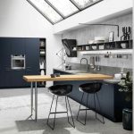 Black Modern Bar Stool In Wooden Top Table Island, Grey Floor, Grey Wall, Modern Kitchen, Black Cabinet, Black Cupboard, Ceiling Glass