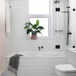 Shower Components White Walls Tiles Black Shower Fixtures Frosted Glass Windows Indoor Plant Towel Holder Built In Bathtub Toilet White Floor Tile Glass Shower Door