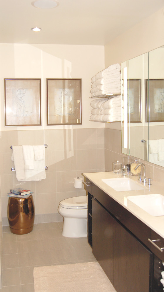 towel rack height mirrored cabinet dark brown vanity undermount sinks toilet garden stool beige tiles faucet drawers