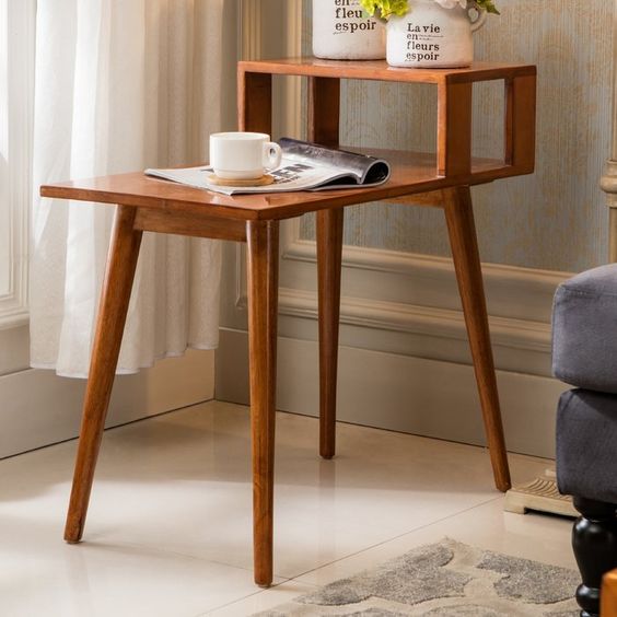 wooden end table with sleek legs, two level of height