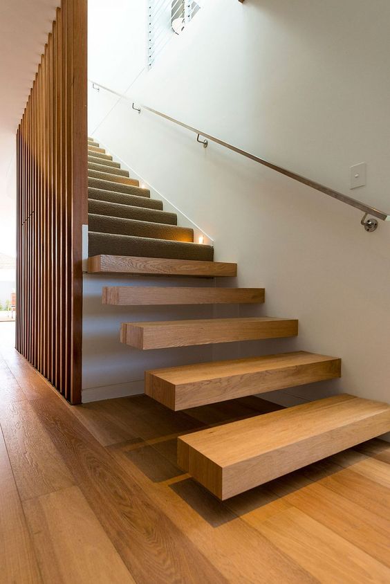 wooden stairs, wooden slats wall, railing, floating wooden stairs, wooden floor