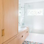 Bathroom, White Wall Tiles, Wooden Floating Vanity Built In With Wooden Cupboard, Colorful Floor Tiles