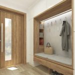Entrance With White Smooth Cupboard, Wooden Nook With Shelves Ont He Side Wall, Hooks, Floating Wooden Bench With Grey Cushion