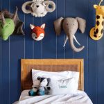 Kids Bedroom, Blue Wooden Wall, Animals Head Decorations, Wooden Bed Platform, Grey Bedding