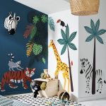 Kids Room, White Floor, White Wall, Animals Stickers On The Wall, Stuffed Animals, Zebra Head Decorations, Rattan Pendant, Bean Bag, White Rug