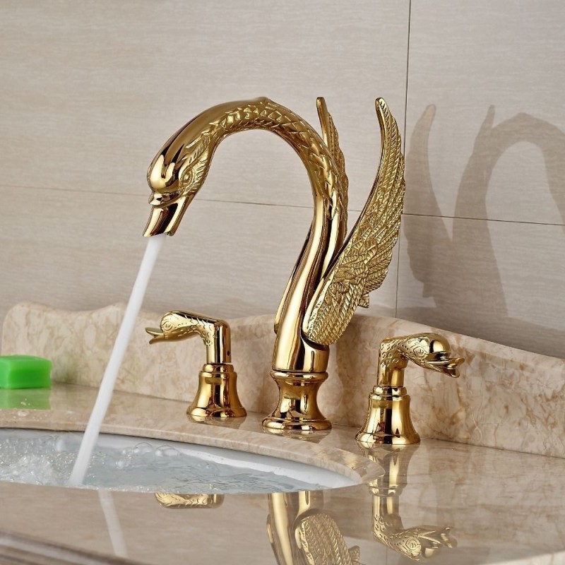 1 waterfall bathroom faucet golden brass material in swan shaped with dual handle tap