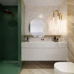 Bathroom, Green Tiny Square Wall Tiles, White Marble Wall Backsplash, Wooden Floor And Wall Tiles, White Floating Toilet, Round Mirror