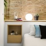 Bedroom, Patterned Tiles, White Headboard, Wooden Layered Shelves, Wooden Square Shelves And Drawer, Open Brick Wall, White Bedding