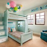 Custom Kids Bed Light Blue Bed Built In Shelves Built In Staircase With White Drawers Blue Armchairs Ceiling Decoratio Decorative Bedding Window Stool Pillows