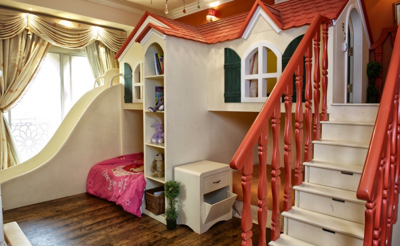custom kids bed red railing staircase with drawers built in shelves playroom wooden floor white cabinet built in beds built in sliding glass winows valances curtains wall sconce