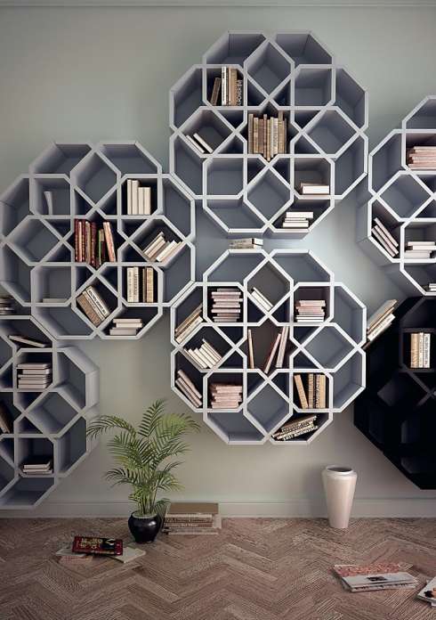 grey and black floating flower shaped bookcase