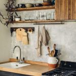 Kitchen, Black Bottom Cabinet, Wooden Top, Grey Wall, Grey Ceiling, Wooden Shelves, Wooden Cover