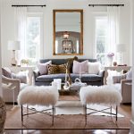 Small Living Room Ideas Pinterest Wall Mirror White Curtains Window White Wall Fur Stools Gray Sofa Beige Armchairs Glass Coffee Table Area Rug