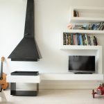 Unique Bookcase Black Range Hood White Bookcase Infoor Plant White Wall Fire Pit Bench Day Bed Floor Tile White Curtain