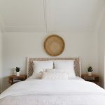 White Bedroom Decorating Ideas Traditional Decoration White Bedding Wooden Bedside Tables Patterned Headboard Woven Shade White Curtain