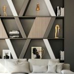 Built In Shelves With Geometrical Boxes, Dark Grey Wall, White Sofa