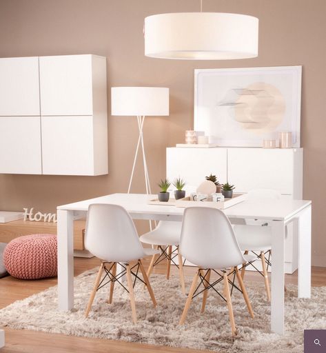 dining room, wooden floor, grey rug, white rectangle table, white midcentury modern chair, beige wall, white round pendant, pink ottoman, white cabinet, white floating cabinet