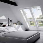 Bedroom, Dark Floor, White Wall, White Sloping Wall, Grey Bed, White Indented Wall For Shelves