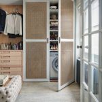 Laundry Cupboard With Rattan Doors, Grey Rug, Tufted Bench, Wooden Cabinet, Grid Sliding Doors With Glass Window