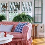 Red White Plaid Sofa, Wooden Floor, White Wall, Rattan Baskets On The Ceiling, White Round Table