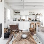 Living Room, White Wall, White Open Kitchen, White Sofa, White Rugs, Wooden Coffee Table