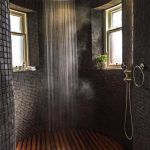 Rond Bathroom, Wooden Floor, Black Tiny Square Wall Tiles, Vertical Shower