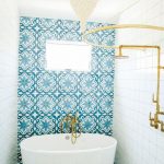 Bathroom, Blue Patterned Accent Wall And Floor, White Wall Tiles, Moroccan Pendant, Golden Shower